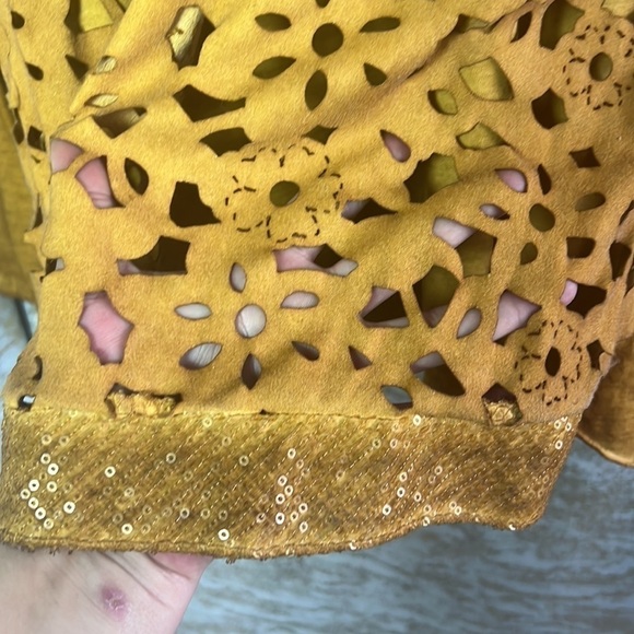 Unique Marigold Color Lace Eyelet Sequin’s Long Sleeve Blouse - Picture 7 of 13